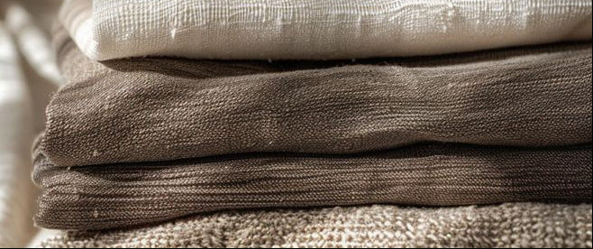 Stack of folded beige and brown fabric with a stone on top against a neutral background