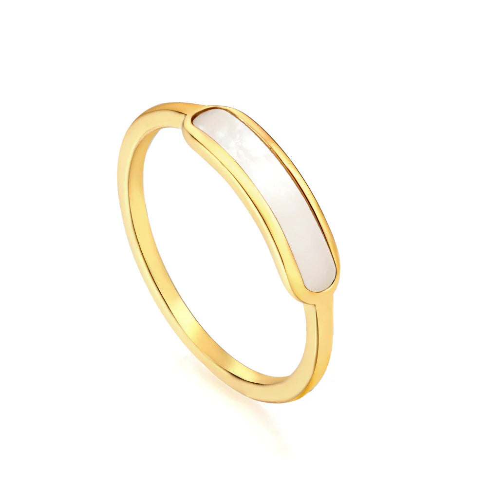 Gold ring with a mother of pearl shell on a white background