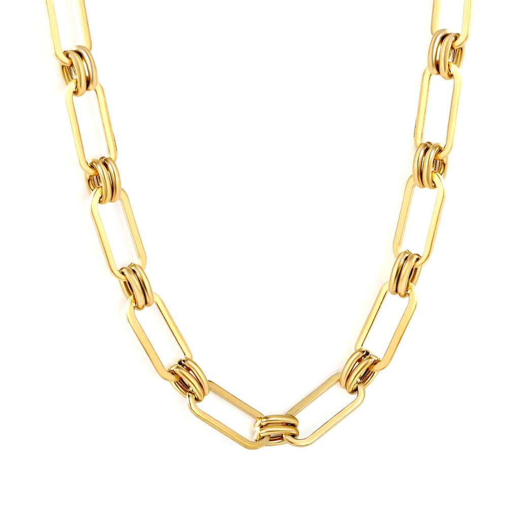 Gold link chain necklace on a white background. paperclip chain necklace gold, link and circle necklace, modern gold necklace