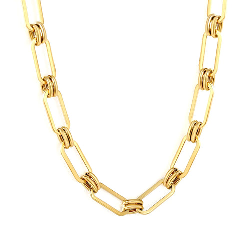 Gold link chain necklace on a white background. paperclip chain necklace gold, link and circle necklace, modern gold necklace