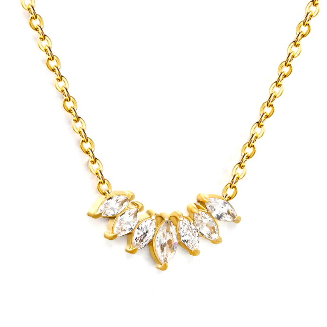Gold necklace with clear zirconia diamond gemstones on a white background