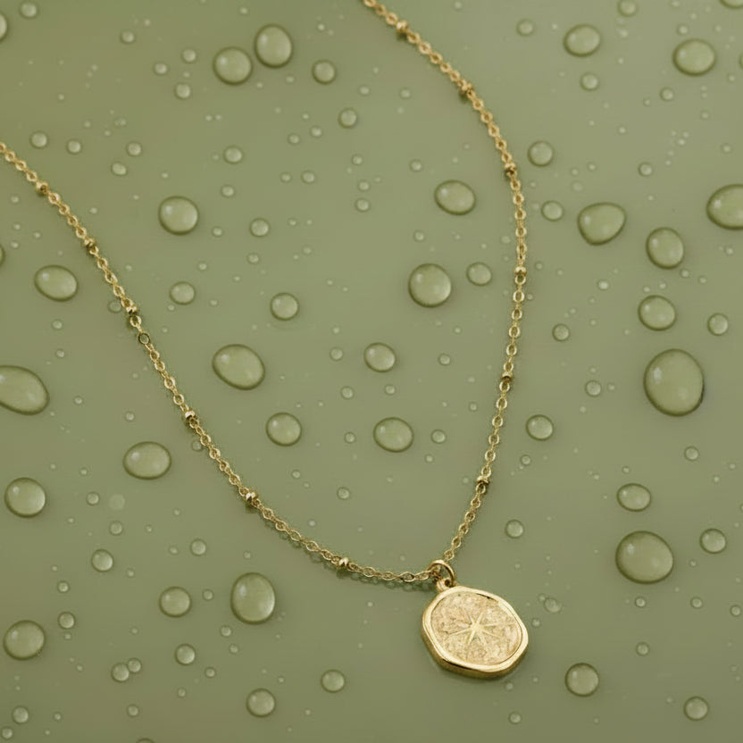 Gold necklace with a round compass pendant on a green background with water drops