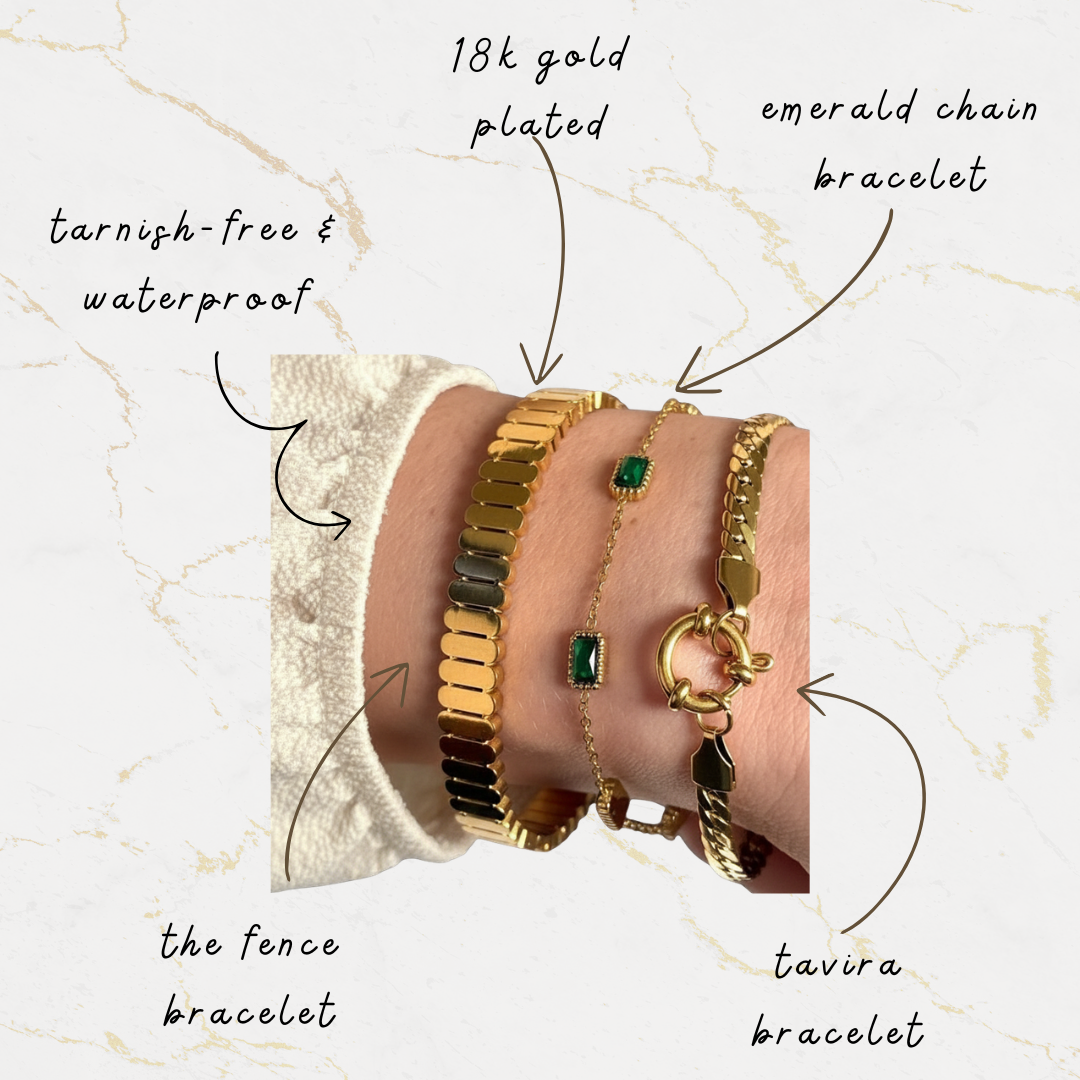 Gold bracelets on a wrist with text describing features