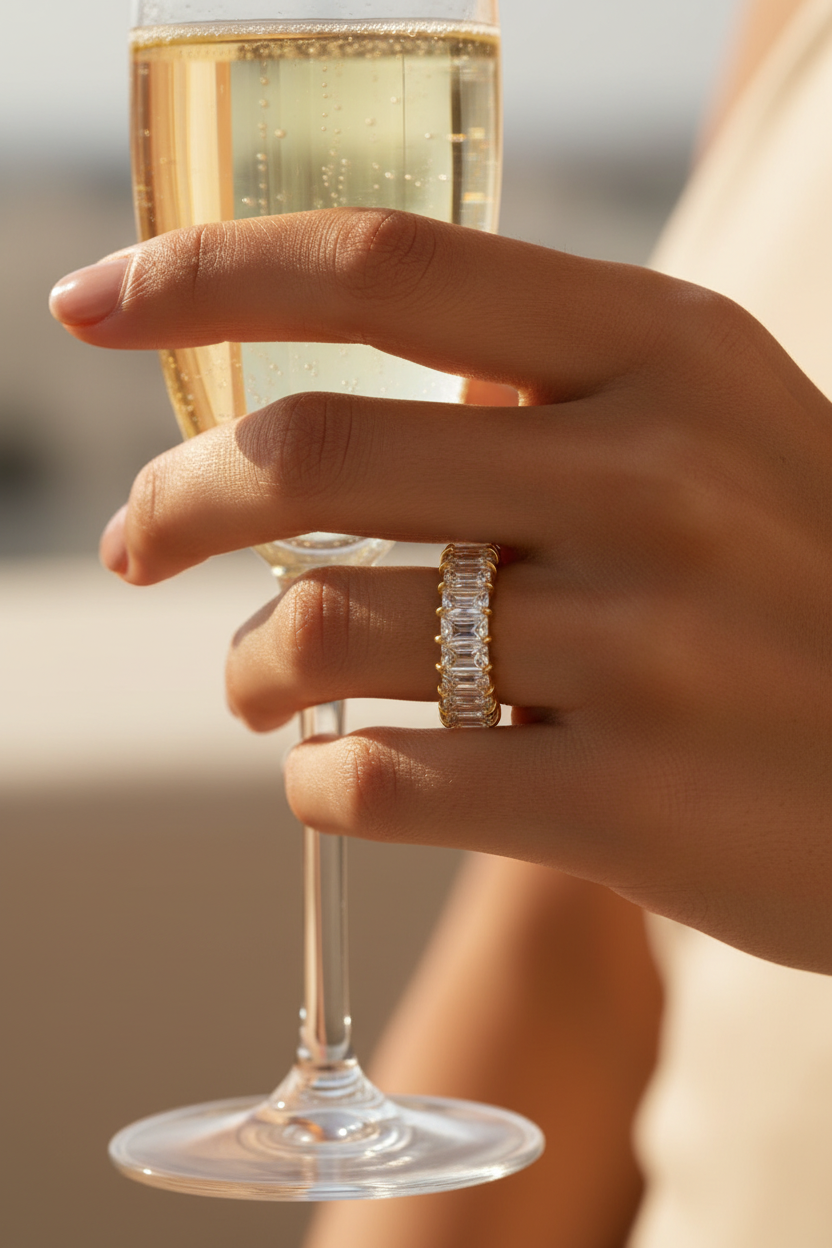 Gold ring with zirconia diamonds worn by a woman holding a champagne glass. 
