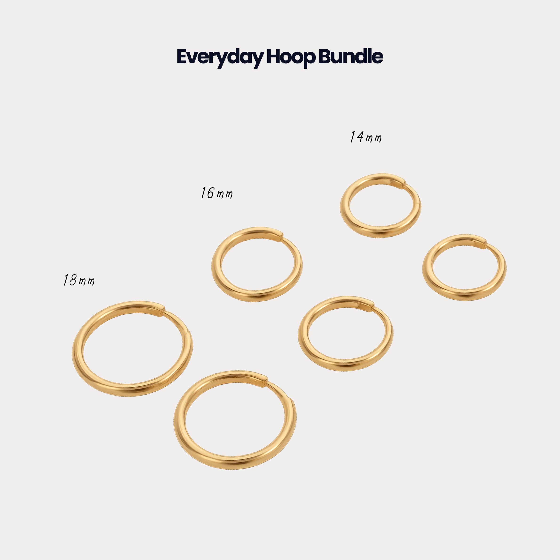 Set of 3 hoop earrings in three different sizes 14mm, 16mm and 18mm. Silver stainless steel waterproof. Luna Mares Jewelry,