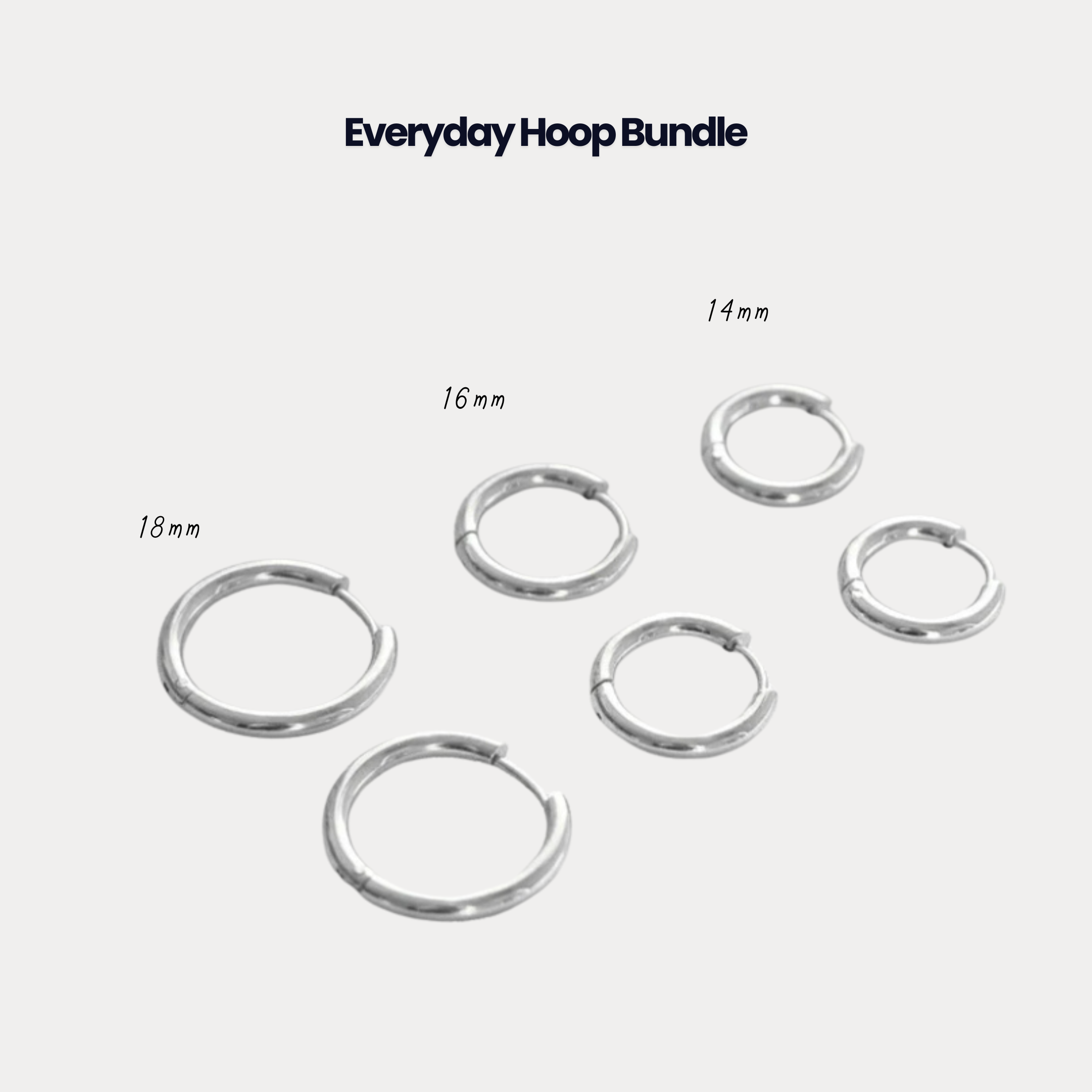 Set of 3 hoop earrings in three different sizes 14mm, 16mm and 18mm. Silver stainless steel waterproof. Luna Mares Jewelry,