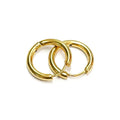 gold hoop earrings on a white background.  Classic hoops, minimalist hoops, everyday stainless steel earrings