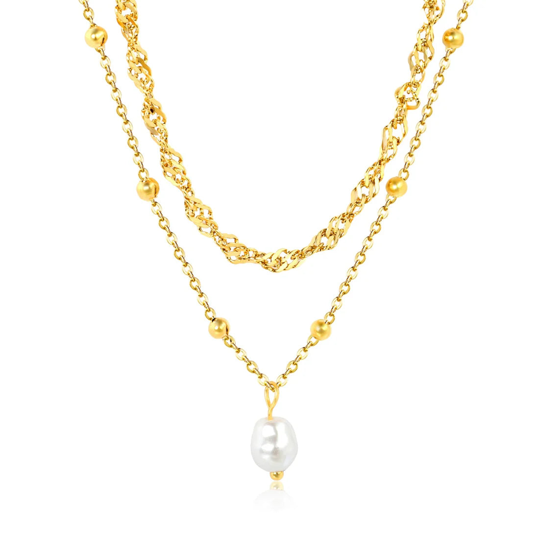 Two gold necklaces with a pearl pendant on a white background. double chain pearl necklace gold, layered pearl necklace, gold pearl pendant necklace