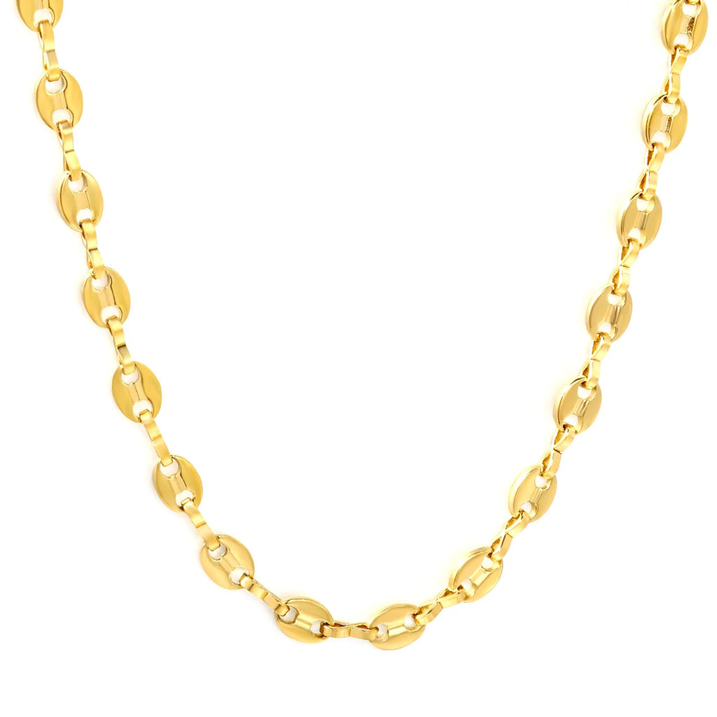 Gold coffee bean/disc chain necklace on a white background