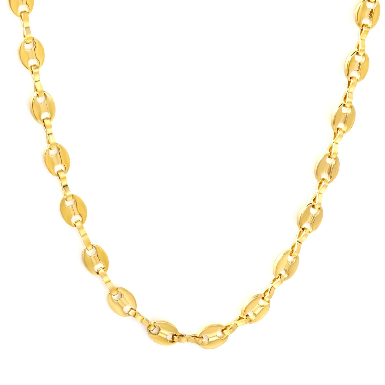 Gold coffee bean/disc chain necklace on a white background
