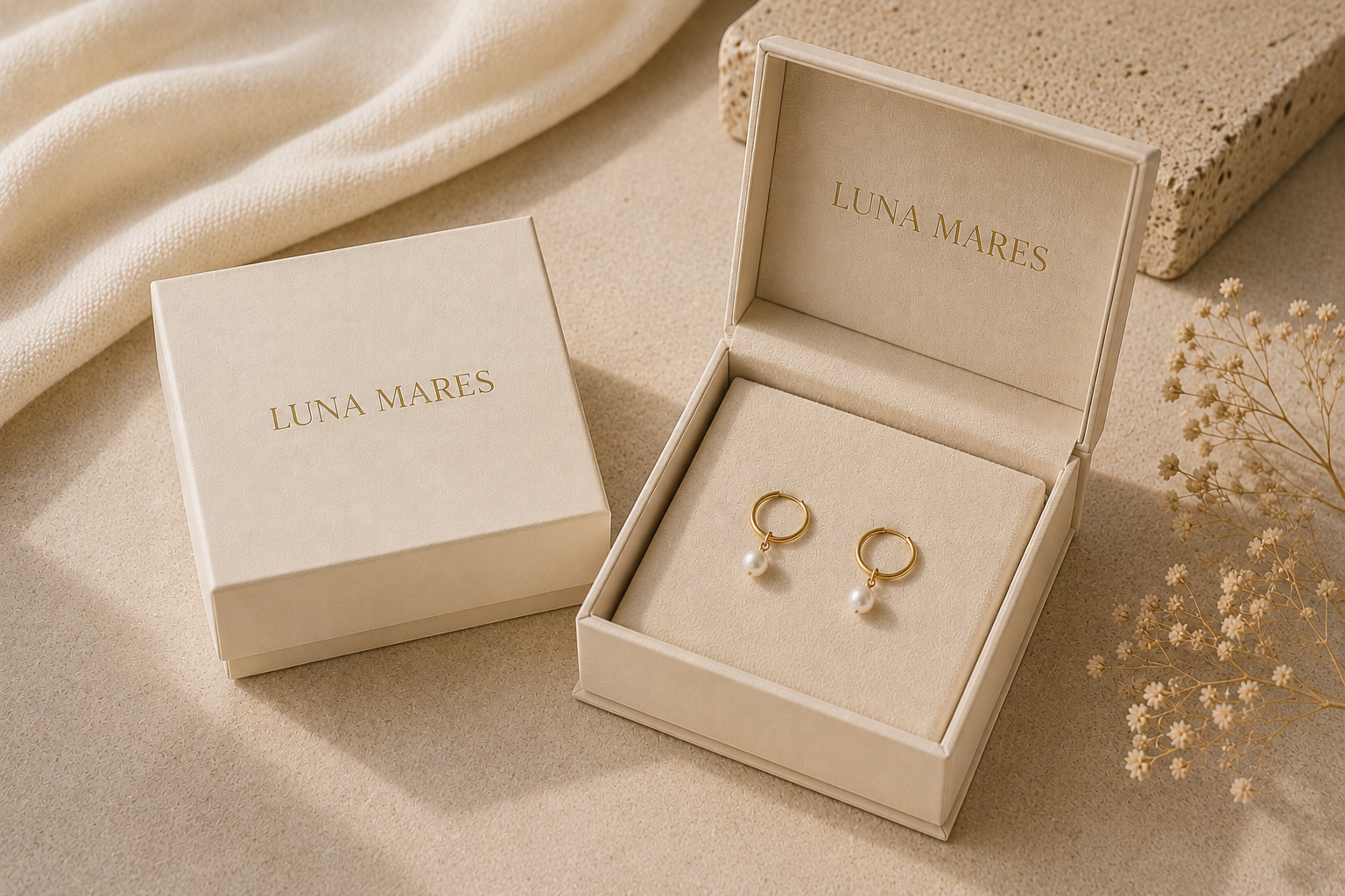 Off white jewelry packaging box with a pair of gold hoop pearl drop earrings