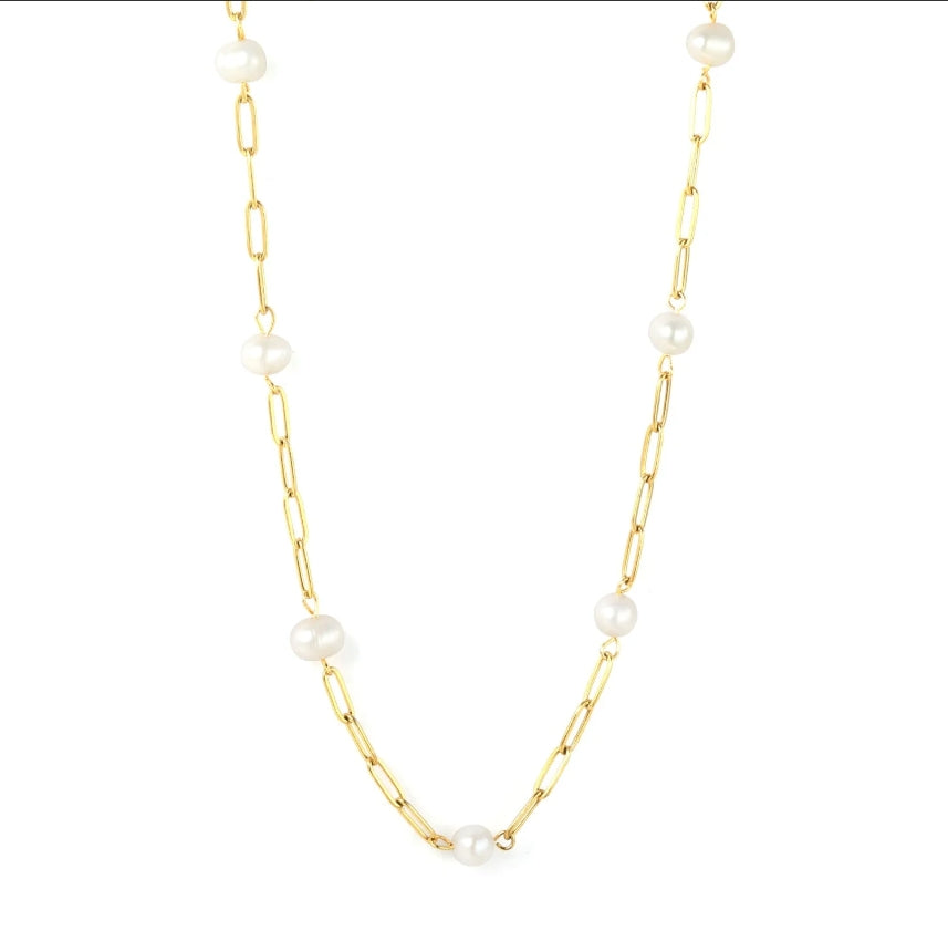 pearl paperclip chain 18k gold stainless steel layering necklace on a white background