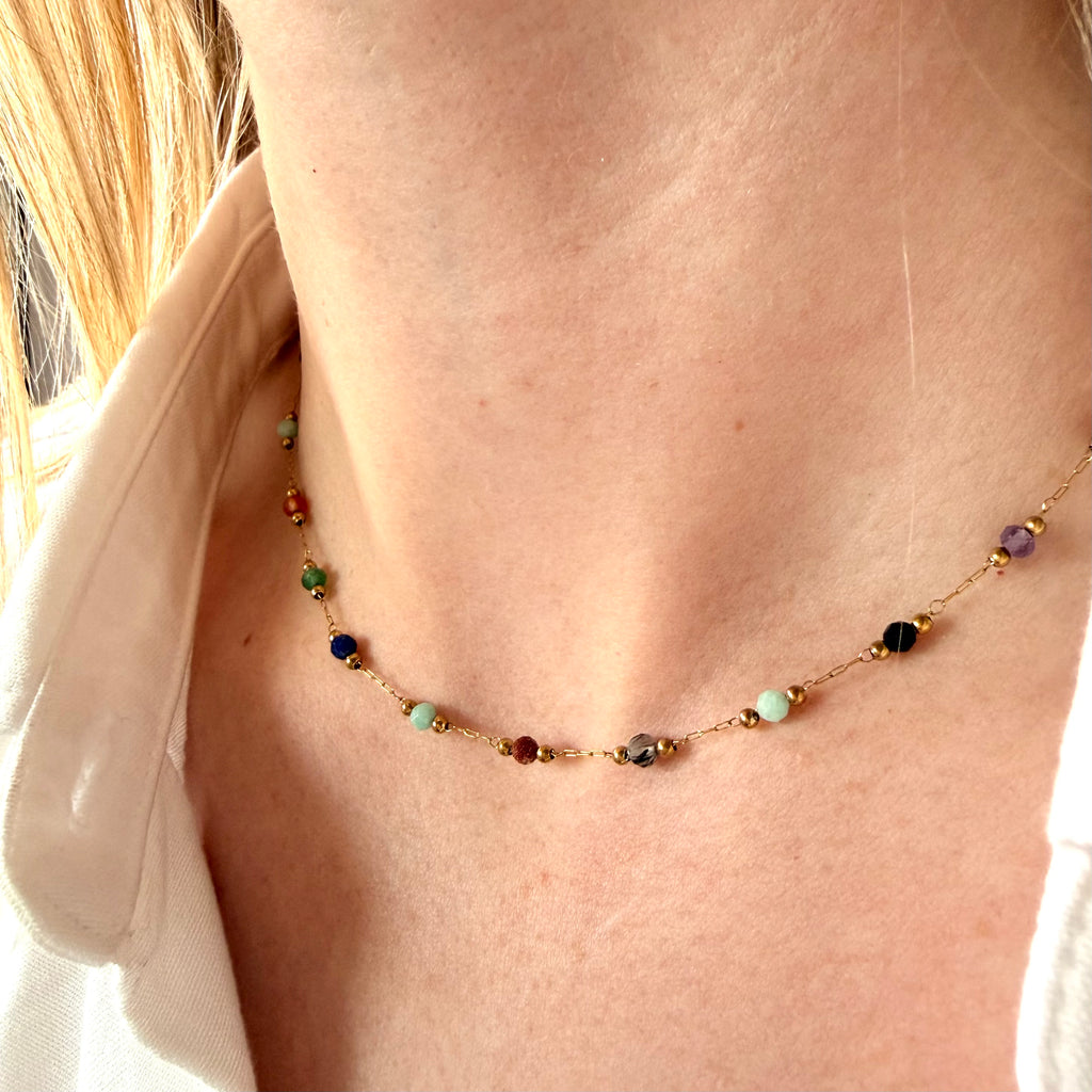 Necklace with multicolored beads worn by a woman. rainbow stone necklace gold, multicolor gemstone necklace, colorful pendant necklace