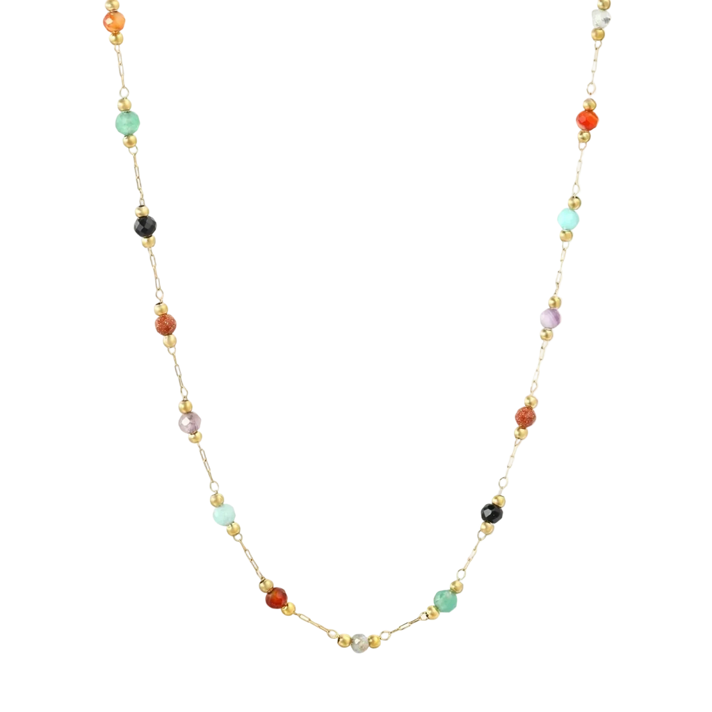 Necklace with multicolored beads on a white background. rainbow stone necklace gold, multicolor gemstone necklace, colorful pendant necklace