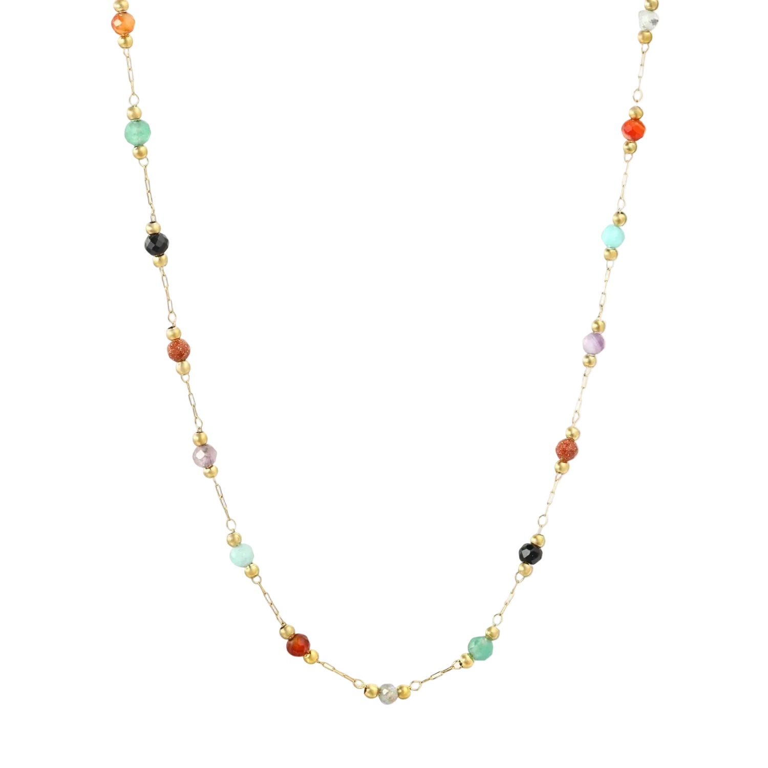 Necklace with multicolored beads on a white background. rainbow stone necklace gold, multicolor gemstone necklace, colorful pendant necklace