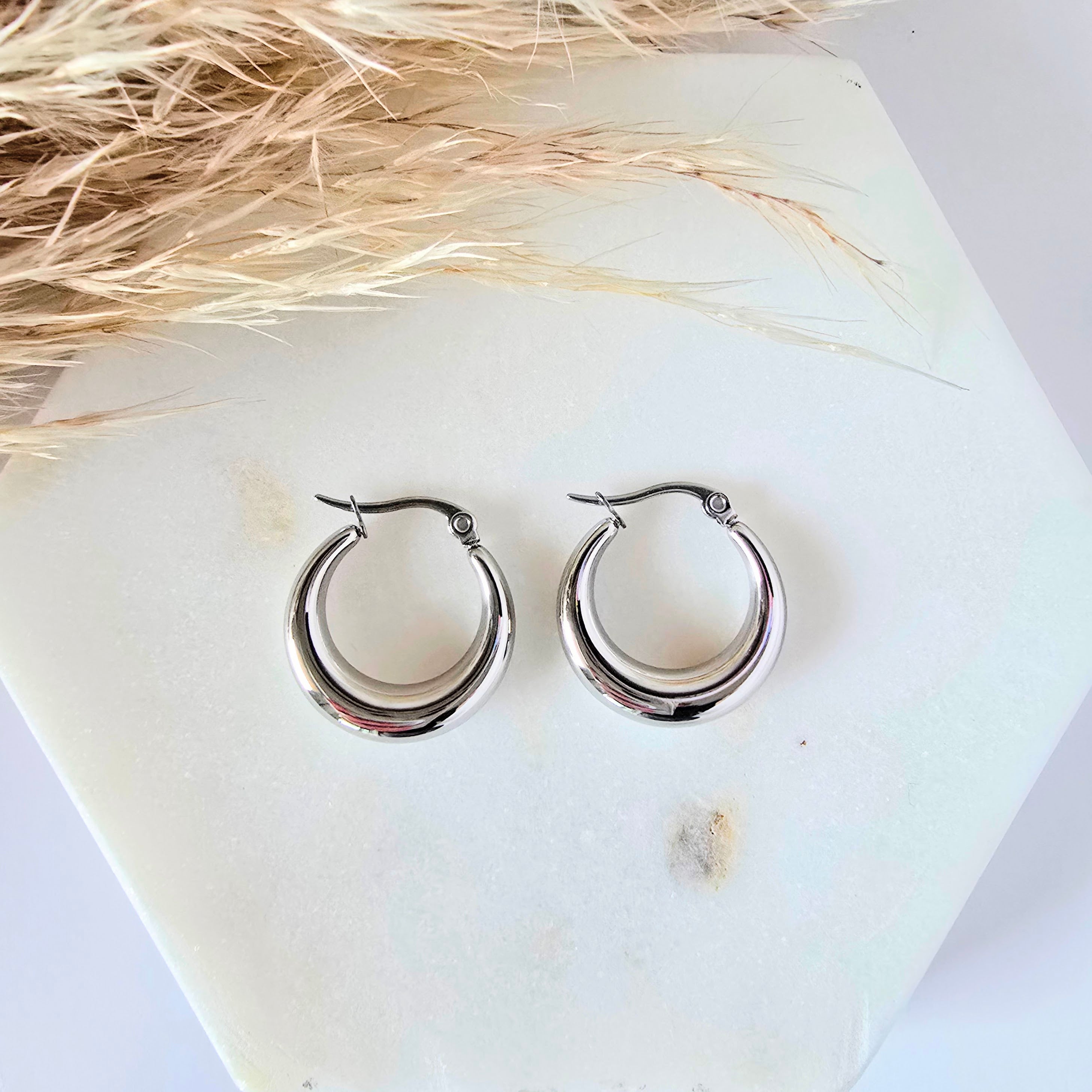 Pair of silver hoop earrings on a white marble surface with dried grass.