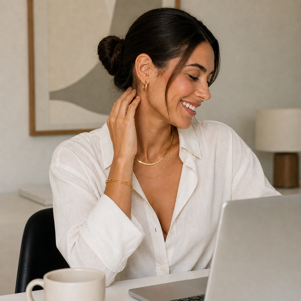 Woman sitting at her desk wearing a white blouse wearing Luna Mares necklace, bracelet and earrings. gold jewelry set everyday, minimalist jewelry bundle, gold necklace bracelet earrings set. Stainless steel jewelry