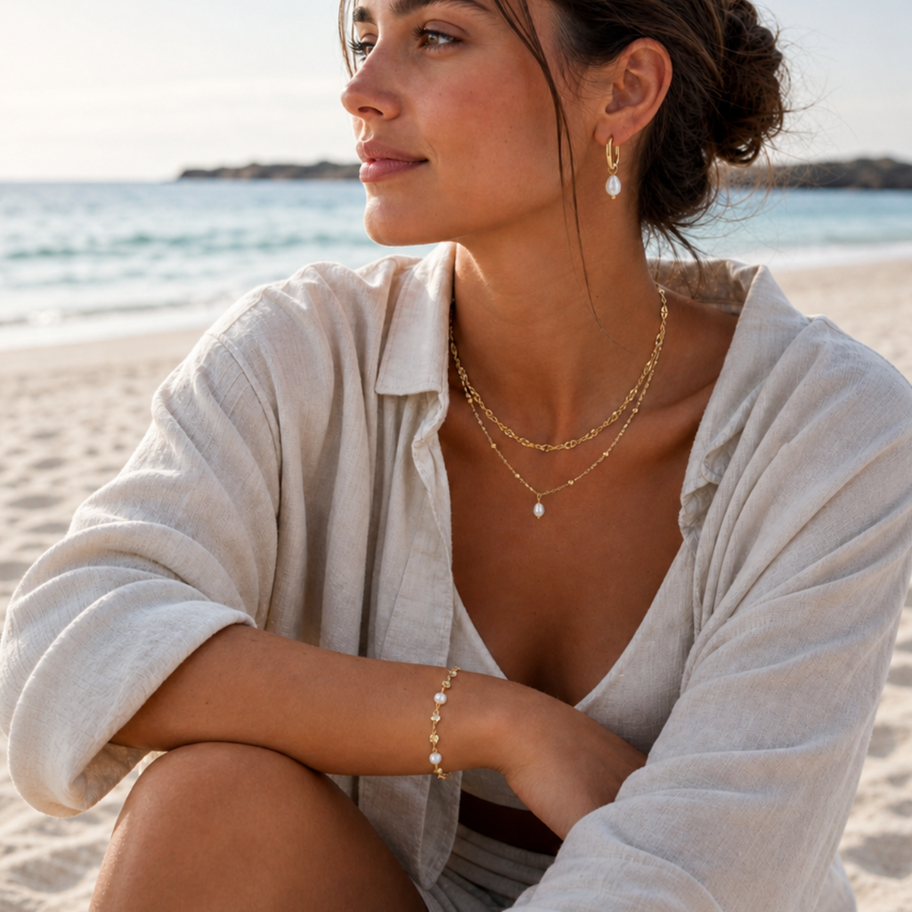 Woman sitting on the beach in linen set wearing gold Luna Mares pearl necklace, bracelet and earrings. Jewelry set, gold jewelry set, stainless steel jewelry