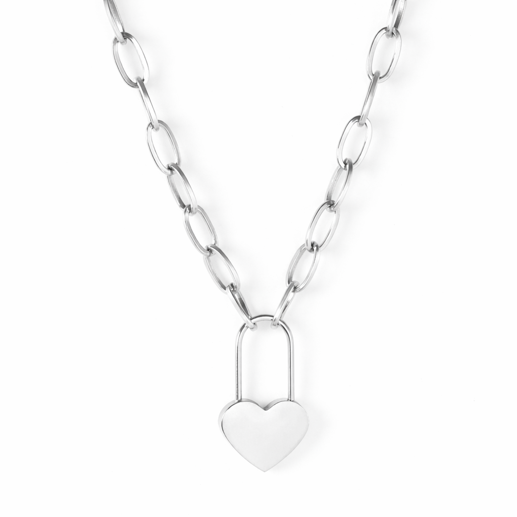 Silver chain necklace with a heart-shaped lock pendant on a white background