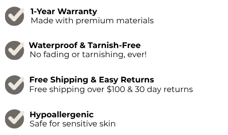 List of product features including warranty, water resistance, free shipping, and hypoallergenic properties on a white background.